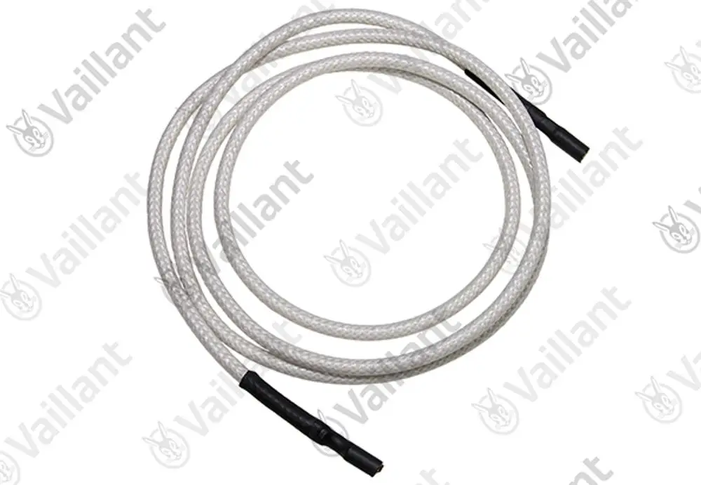 Vaillant Zündkabel, elektrisch isoliertes Kabel mit zwei schwarzen Enden, spiralförmig gewickelt und durchsichtiger Umhüllung.